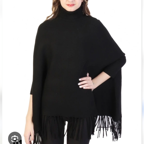 Elegant Black Fringe Poncho Turtle Neck sweater With Sleeves  One Size - Picture 9 of 11